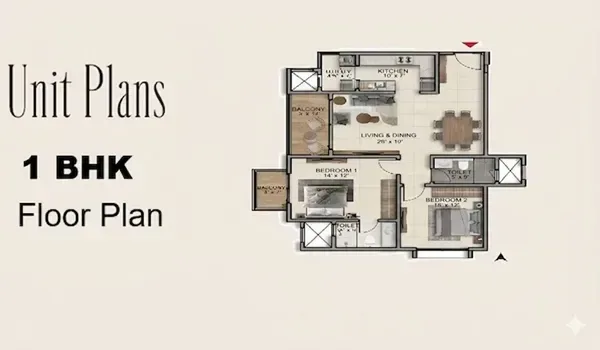 Indicative 1 BHK floor plan of 750 sq. ft. at Prestige Bannerghatta Road, Arekere, Bengaluru