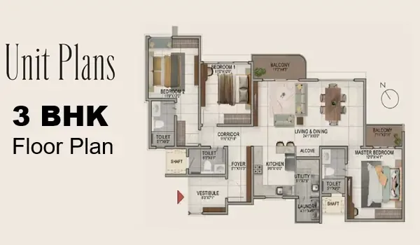 Indicative 3 BHK floor plan of 1,600 sq. ft. at Prestige Bannerghatta Road, Bengaluru