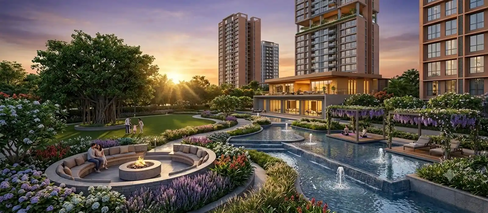 Artistic dusk aerial impression of the residential towers and open green spaces at Prestige Bannerghatta Road, Bengaluru