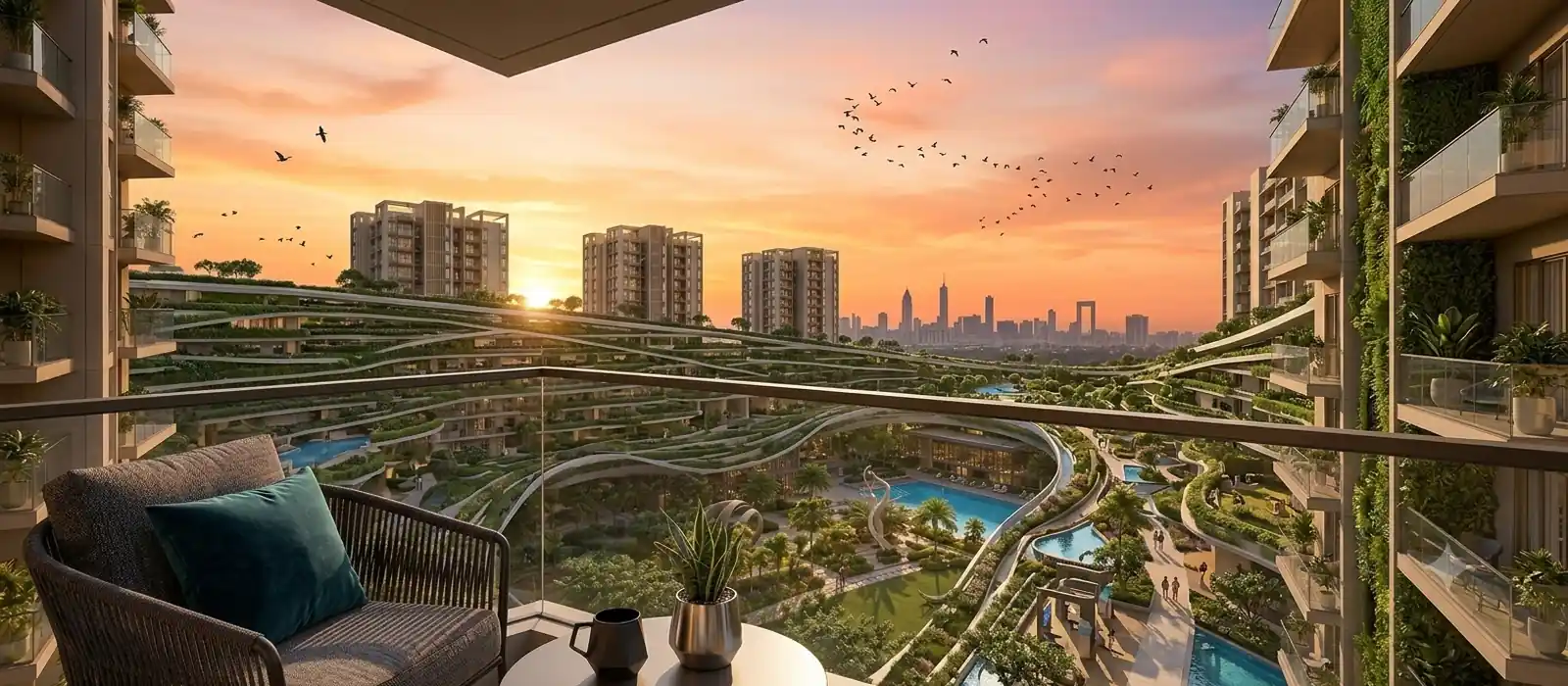 Artistic impression of an apartment balcony overlooking landscaped greens at Prestige Bannerghatta Road