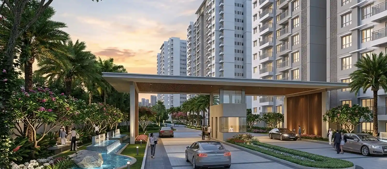 Artistic impression of a landscaped arrival driveway and drop-off at Prestige Bannerghatta Road