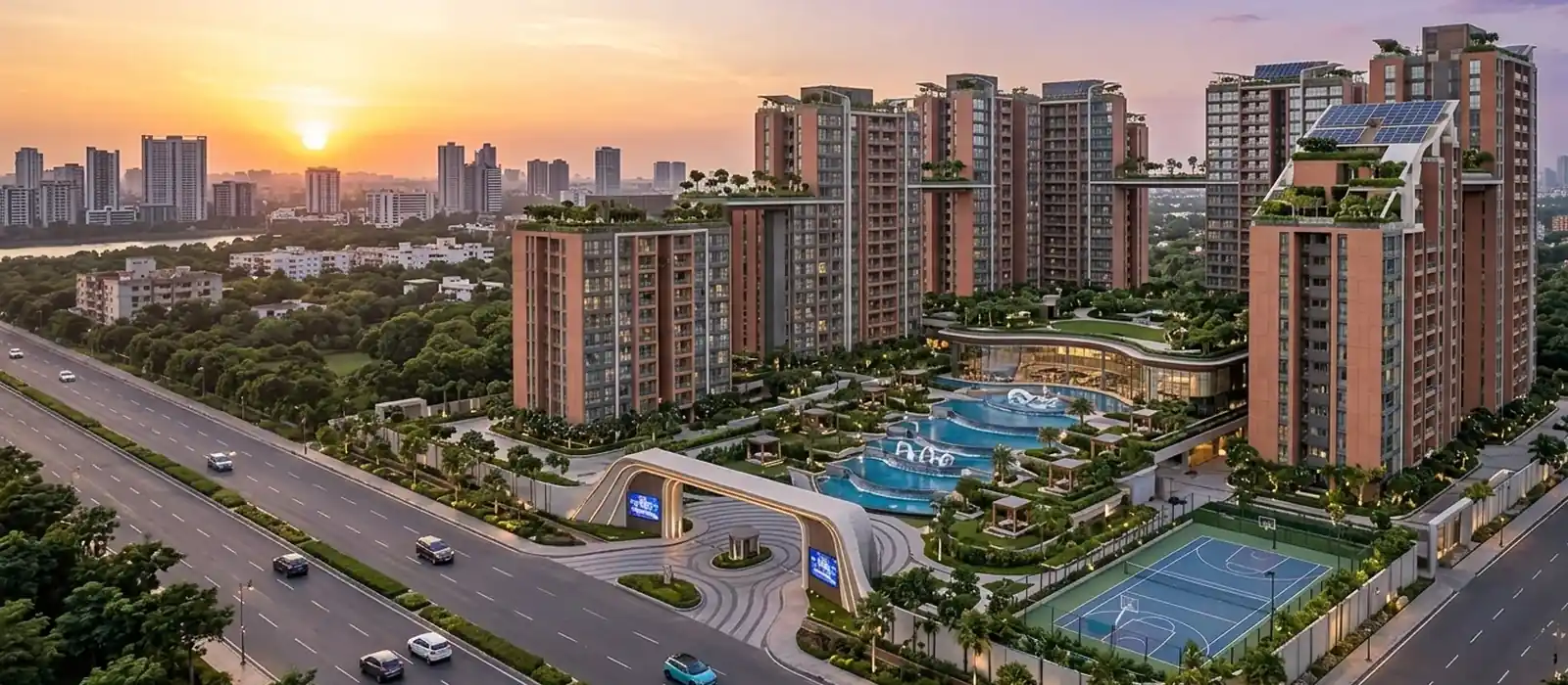 Artistic impression of a landscaped green with walking pathways between the towers at Prestige Bannerghatta Road