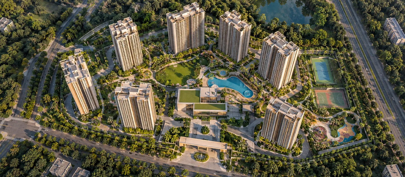 Artistic impression of a landscaped plaza between residential towers at Prestige Bannerghatta Road