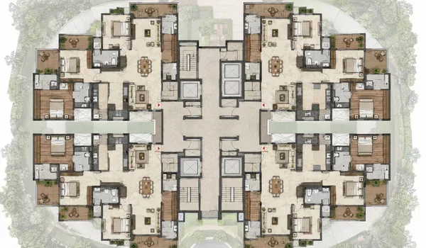 Indicative typical tower floor plate showing apartment arrangement around a central core